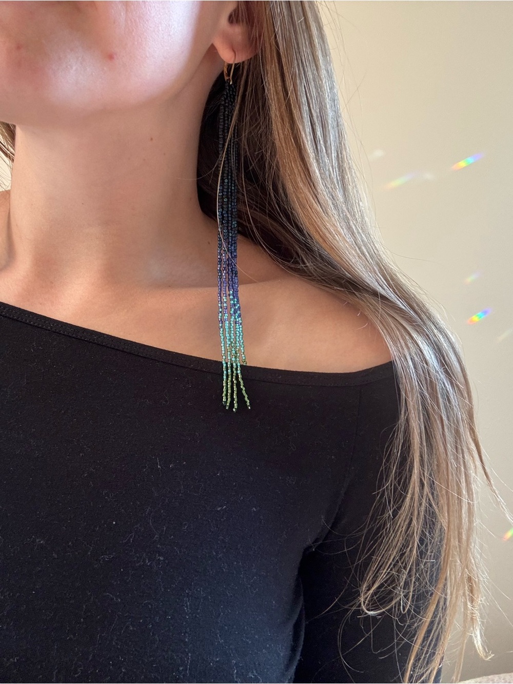 Long Beaded Fringe Earrings - Multicolor Gradient